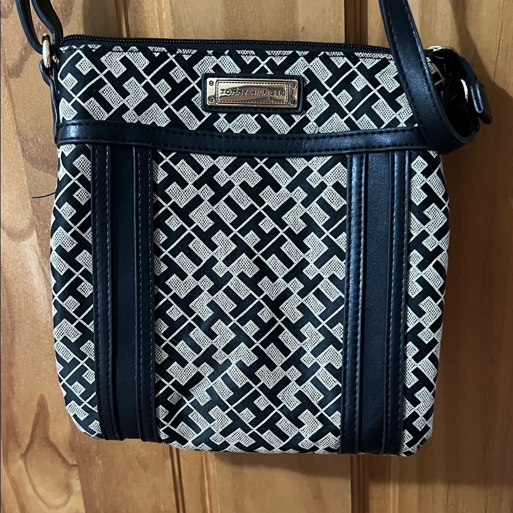 Tommy Hilfiger Black and White Geometric Crossbody Bag